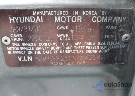 2001 Hyundai Sonata z USA, uszkodzony, nr VIN KMHWF25S91A435427